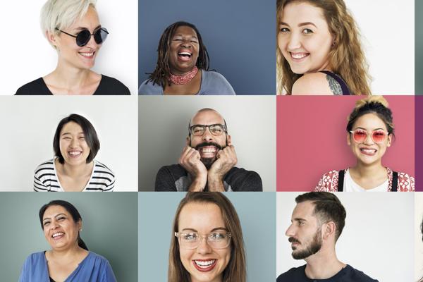 A grid of many different smiling faces from an ethinically diverse group of people